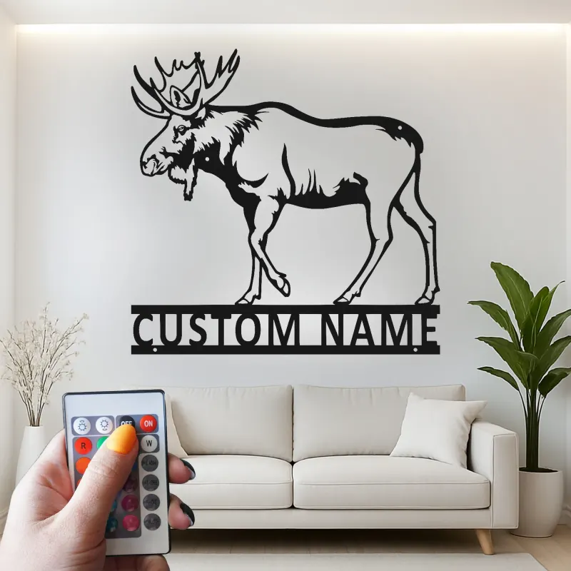 Cartel de metal personalizado de alce | Arte mural LED de vida salvaje | Decoración personalizada para cabañas y lodges para amante de la naturaleza