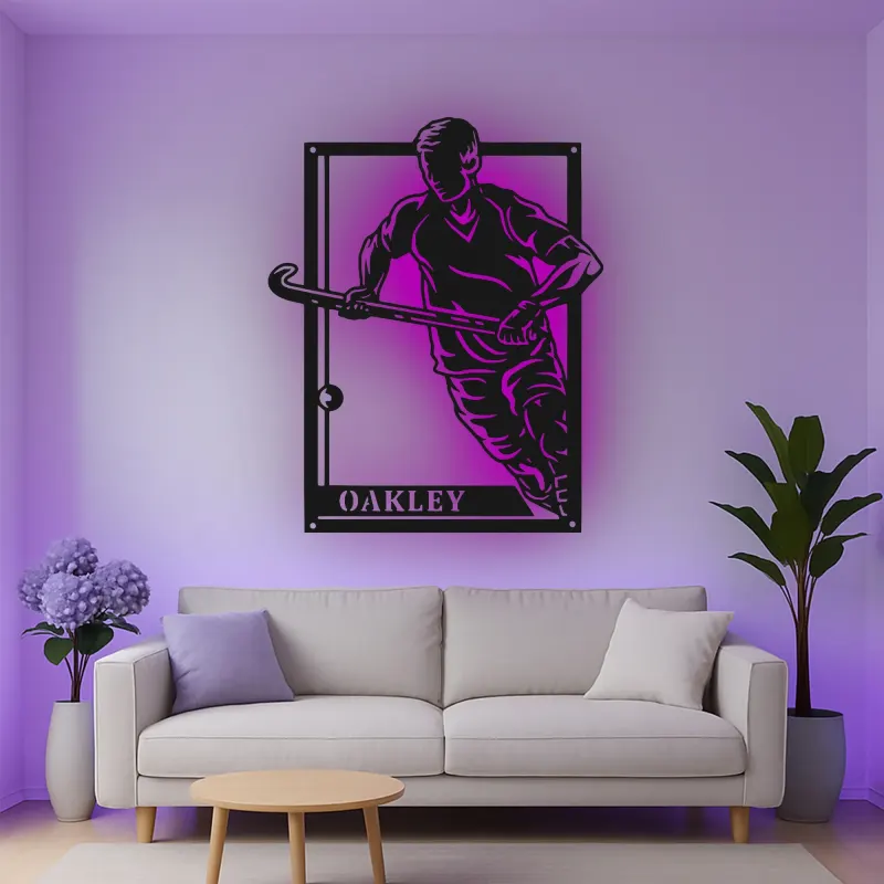 Custom Field Hockey Player Led Light Metal Wall Art Sports Gift for Athletes Game Room Decor