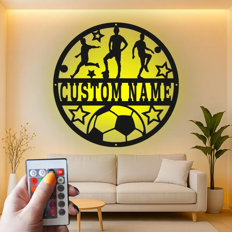 Panneau de Football Personnalisé avec LED | Décoration Murale en Métal Personnalisée | Décor de Chambre d'Enfants & Cadeau pour Athlète Adolescent