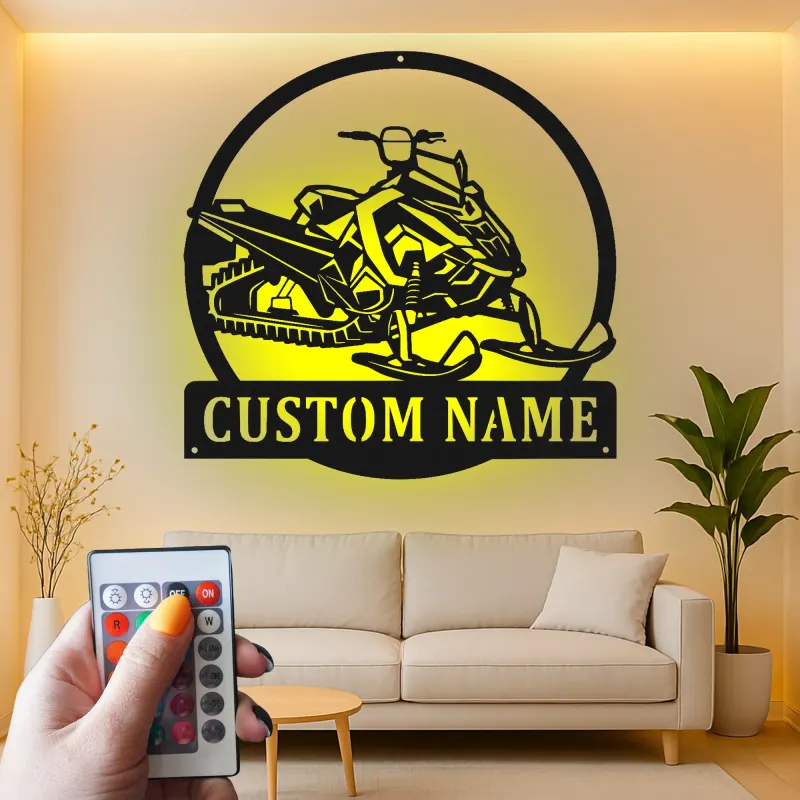 Personalized Snowmobile Metal Sign | LED Light Wall Art | Custom Winter Sports Decor for Cabin | Snowmobiling Enthusiast Gift