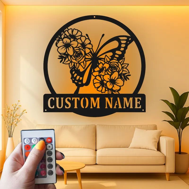 Custom Butterfly and Flowers Led Light Metal Wall Art Personalized Gift for Nature Lovers Bedroom or Garden Decor