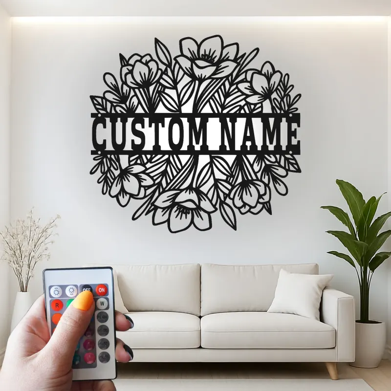 Cartel de nombre floral personalizado con LED | Arte mural de metal personalizado para ella | Decoración moderna boho para guardería y sala de estar