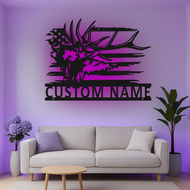Custom Elk American Flag Led Light Metal Wall Art Personalized Gift for Hunters Rustic Cabin Decor