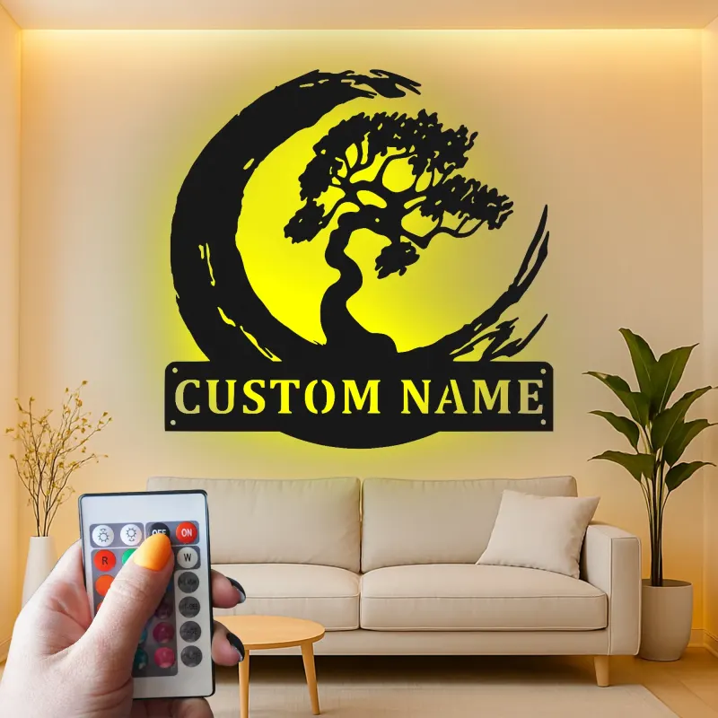 Décoration murale en métal personnalisée Arbre Bonsai avec rétroéclairage LED Cadeau Zen pour la maison Décor de salon tranquille 1