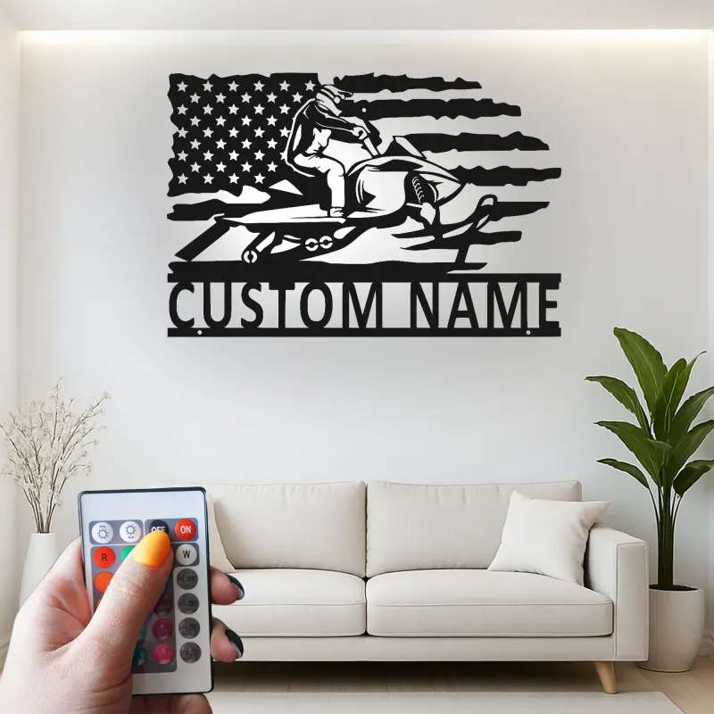 Plaque Métallique LED Personnalisée Motoneige | Art Mural Drapeau Américain Personnalisé | Cadeau Motoneigiste | Décor Man Cave