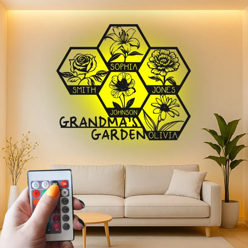 Grandma's Garden Custom Sign | Personalized LED Metal Wall Art | Floral Family Name Decor | Gift for Grandma