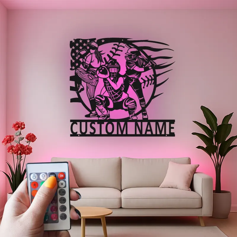 Insegna in Metallo per Giocatori di Softball Personalizzata | Arte da Parete LED con Nome Personalizzato | Regalo per Squadra di Softball | Decorazioni per Camera delle Ragazze & Ricevitore, Lanciatore, Battitore