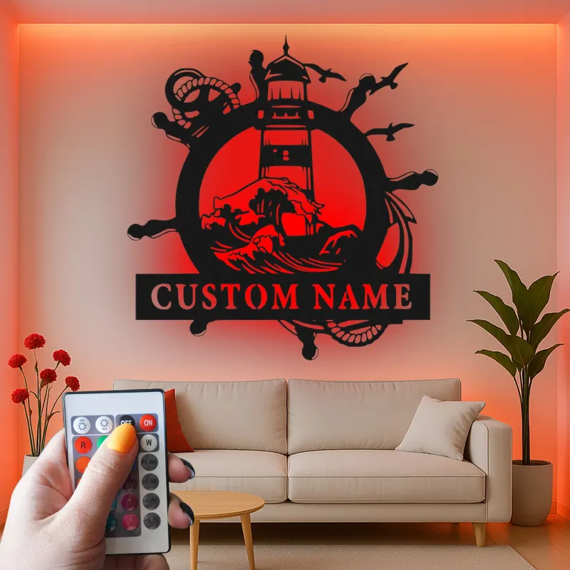 Insegna in metallo personalizzata Faro | Arte murale nautica LED | Decorazione per casa al mare personalizzata | Regalo per marinai e accento per casa costiera