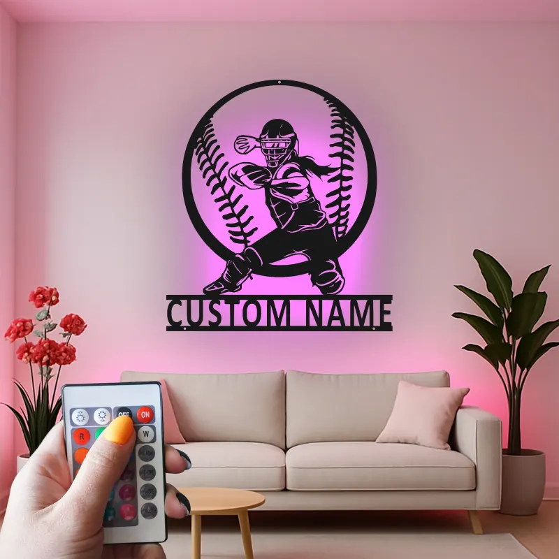 Softball Catcher LED Metal Art | Personalized Player Name Sign | Girls Sports Room Decor | Custom Athlete Gift