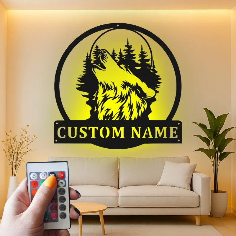 Décoration murale en métal personnalisée de loup hurlant avec rétroéclairage LED - Cadeau personnalisé pour les amoureux de la nature - Décor de cabane rustique 1