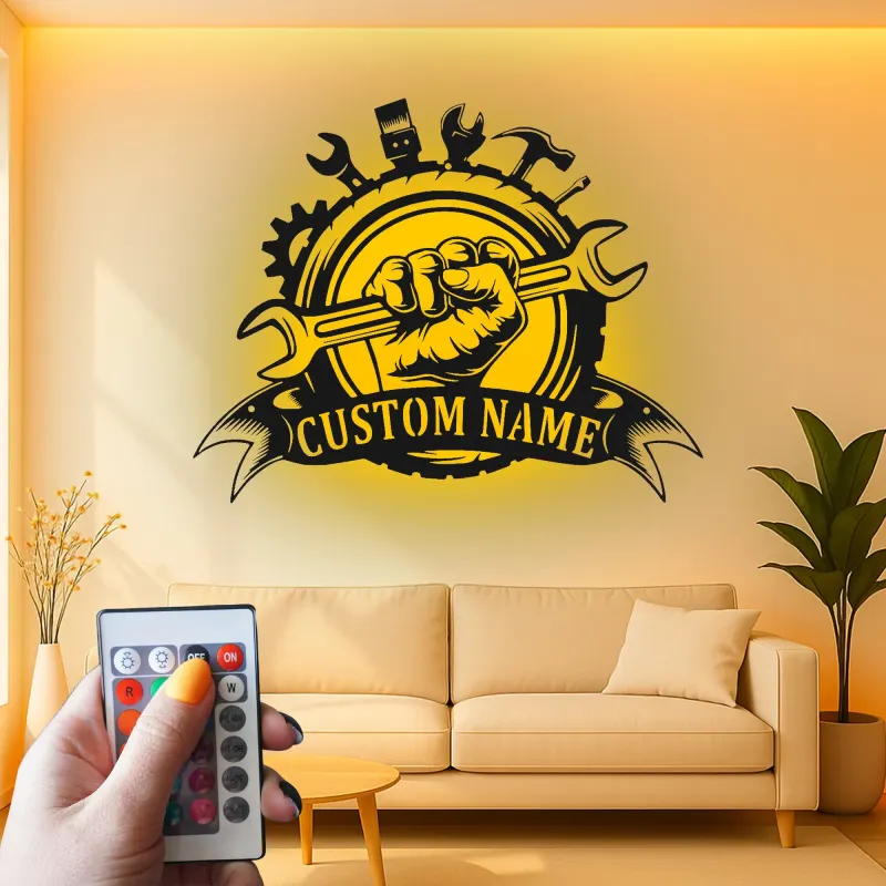 Cartel LED personalizado de mecánico | Arte mural de metal para garaje | Decoración personalizada de puño de llave | Señalización industrial para cuevas de hombres | Regalo para papá