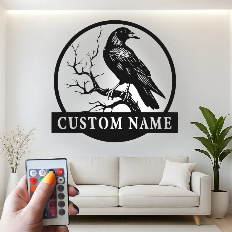 Insegna in metallo LED personalizzata con corvo - Regalo unico per amanti degli uccelli e decorazione per ufficio o soggiorno