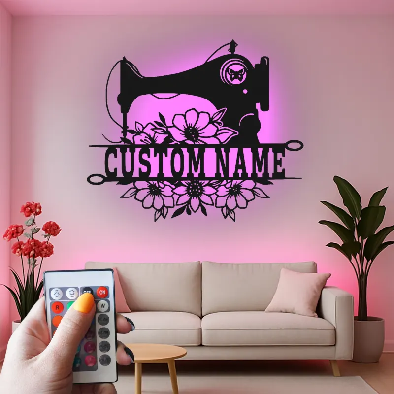 Cartel de máquina de coser personalizado | Decoración mural de metal LED | Decoración personalizada para el cuarto de manualidades | Regalo para costurera o mamá