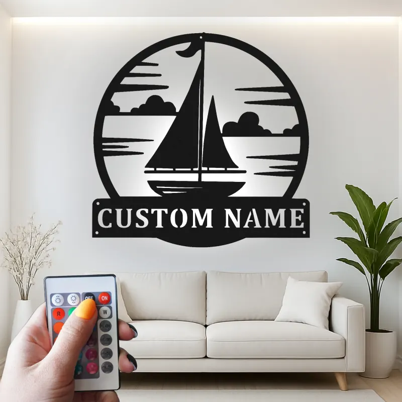 Personalized Sailboat Metal Sign with LED | Nautical Wall Art for Coastal Home | Custom Beach House Decor & Boating Gift