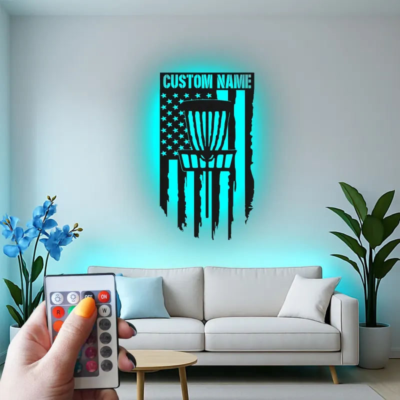 Cartel de metal LED personalizado para cesta de disc golf, regalo personalizado para disc golfers, decoración de sala de juegos