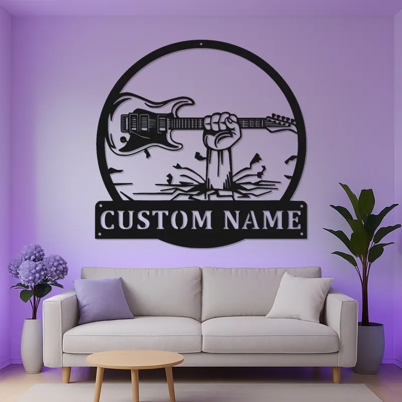 Enseigne LED guitare en métal personnalisée | Décoration murale prénom musicien | Décor studio rock et bar à domicile
