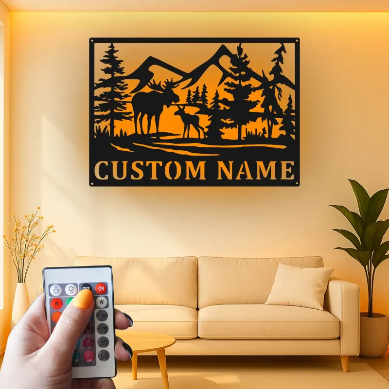 Letrero de metal personalizado con alce | Arte mural LED personalizado de fauna salvaje | Decoración rústica para cabaña y letrero con nombre para refugio