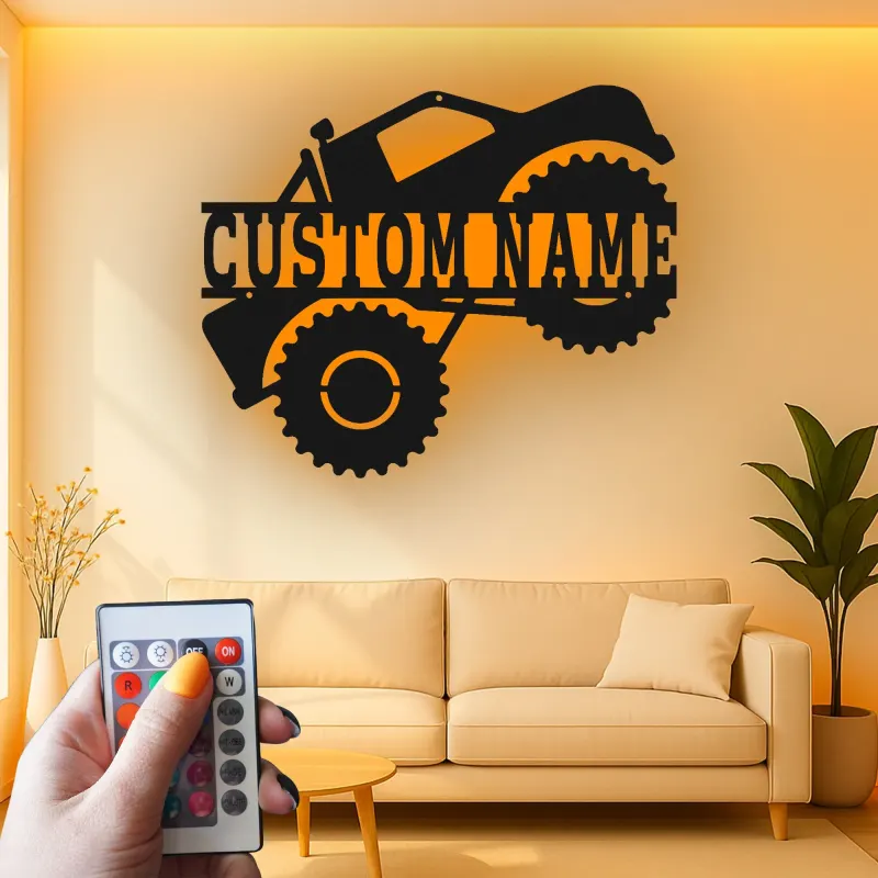 Insegna LED Monster Truck Personalizzata | Arte in Metallo Personalizzata | Decorazione Stanza dei Ragazzi e Regalo Fuoristrada | Targa Illuminata