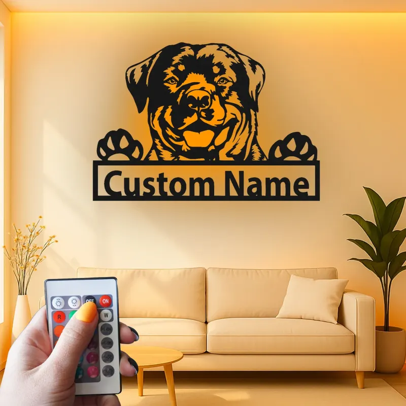 Insegna in metallo personalizzata con Rottweiler | Insegna con nome del cane con luce LED | Regalo per amanti degli animali e decorazione moderna per la casa