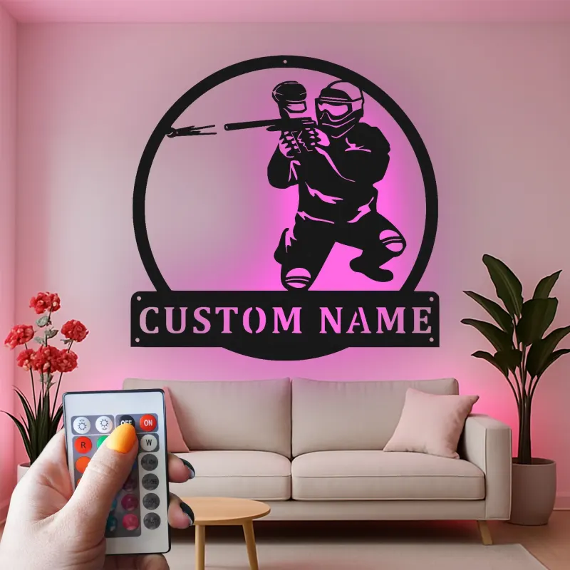 Insegna LED personalizzata per giocatore di paintball | Arte murale in metallo personalizzata | Decorazione per sala giochi e man cave | Luce d'azione retroilluminata