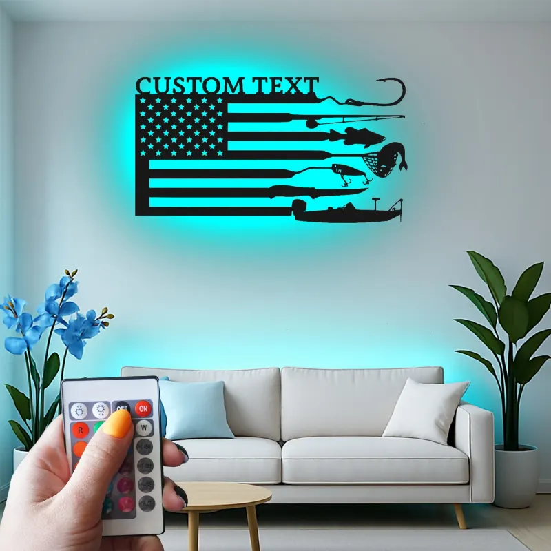 Panneau LED drapeau de pêche sur mesure | Décoration murale en métal personnalisée | Cadeau patriotique pour pêcheur | Déco maison de lac