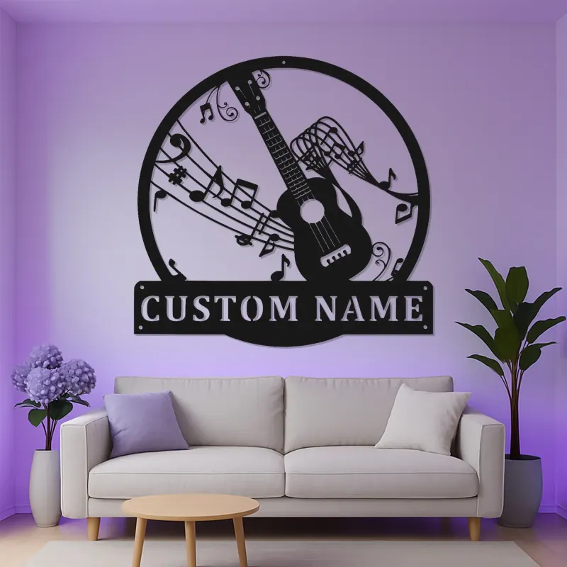 Décoration murale en métal LED guitare personnalisée | Enseigne musicien avec nom | Déco de salle de musique et studio