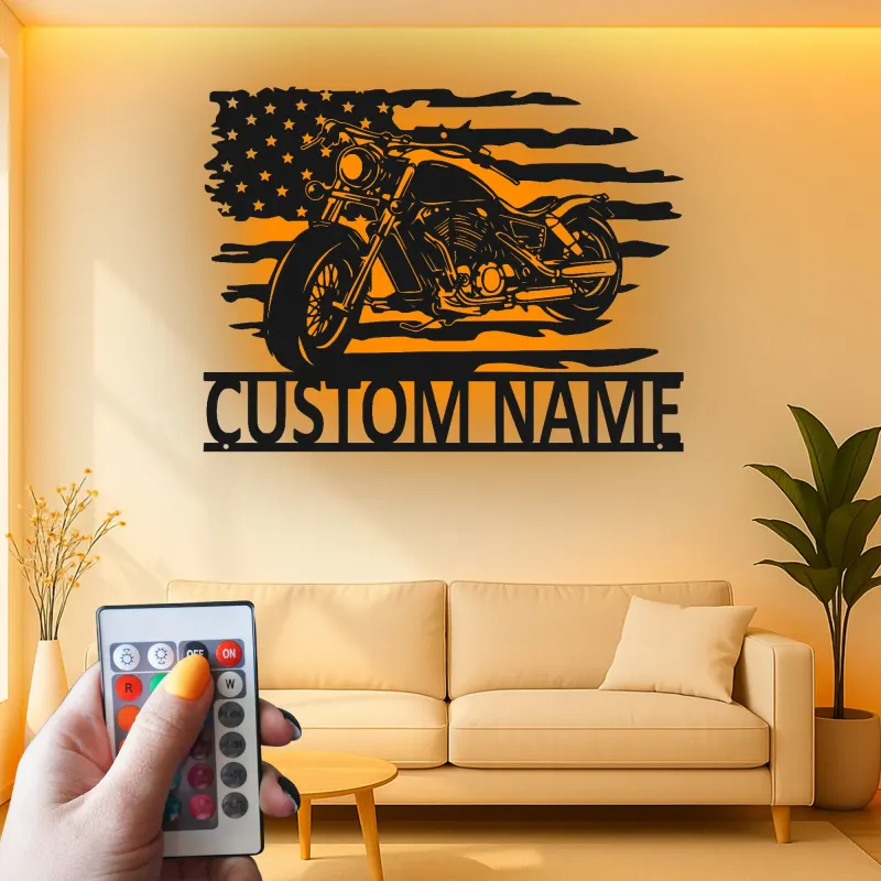 Custom Motorcycle Metal Sign | LED American Flag Wall Art | Personalized Biker Name Plate | Garage Decor for Men