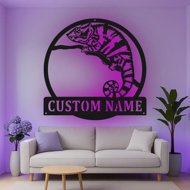 Cartel de metal LED personalizado de camaleón, regalo único para amantes de los reptiles, decoración de dormitorio o salón