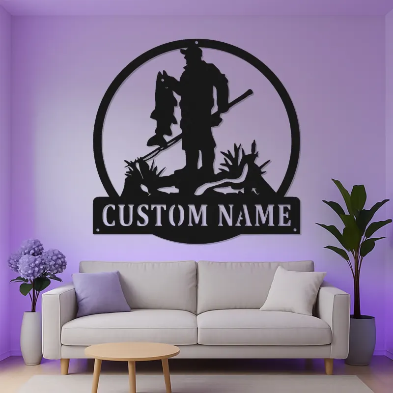 Panneau personnalisé de pêcheur avec LED | Décoration murale en métal sur mesure | Déco pour maison de lac et chalet | Cadeau pour pêcheur