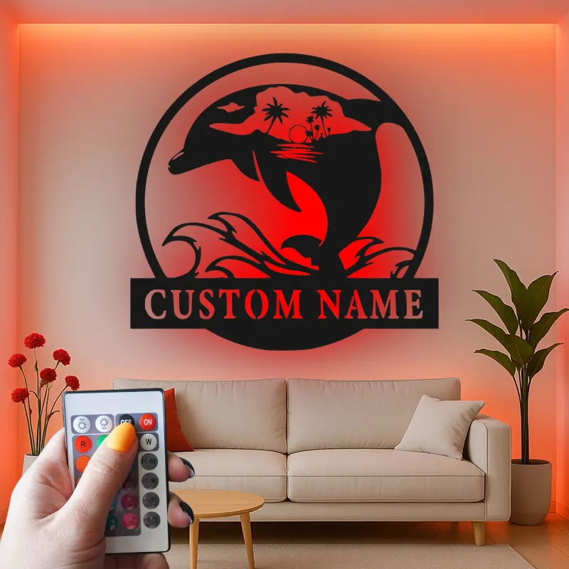 Custom Dolphin Ocean Scene Led Light Metal Wall Art Personalized Beach Lover Gift Coastal Living Room Decor