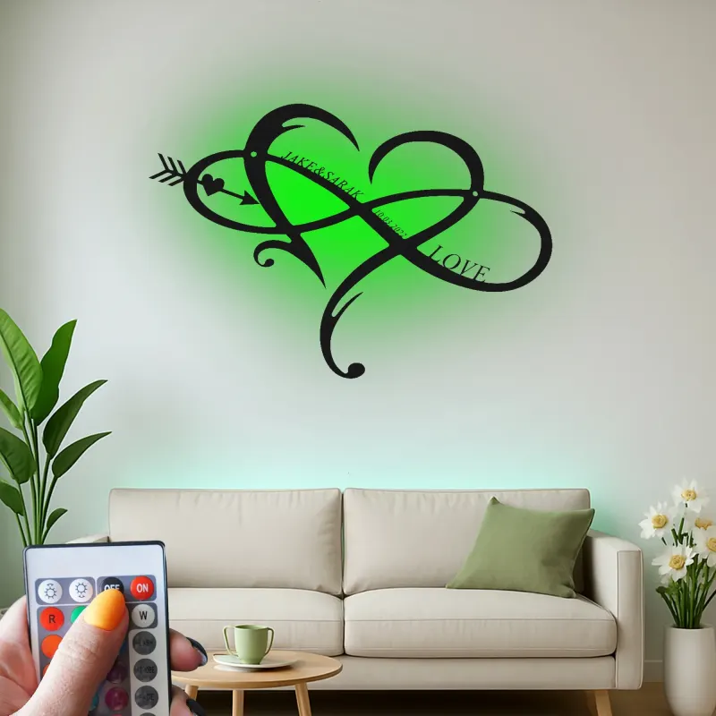 Signe LED en métal cœur infini personnalisé | Décoration murale avec nom et date | Cadeau romantique d’anniversaire pour couple | Déco chambre