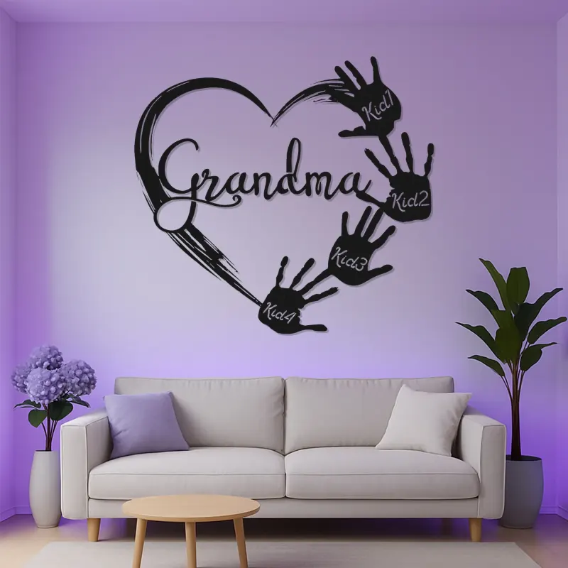 Cadeau LED personnalisé pour grand-mère | Décoration murale en métal sur mesure avec empreintes de mains des petits-enfants | Déco souvenir familiale