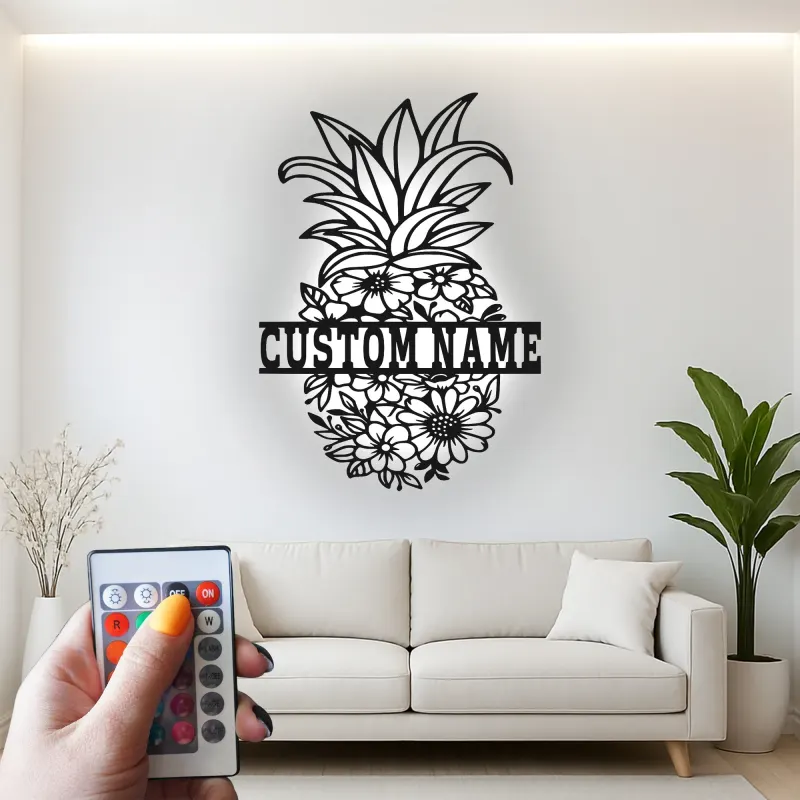 Insegna in metallo a forma di ananas personalizzata con LED | Arte murale floreale su misura | Decorazione tropicale per cucina e patio | Regalo originale per la nuova casa