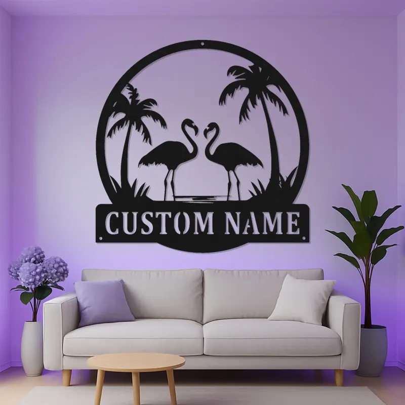 Arte mural de metal LED de flamenco | Cartel tropical personalizado | Decoración de casa de playa | Placa de nombre personalizada para hogares costeros