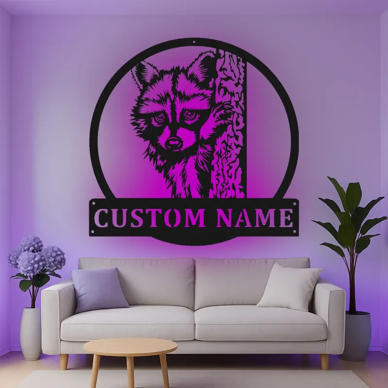 Décoration murale en métal LED personnalisée avec raton laveur - Cadeau faune pour les amoureux de la nature - Décor de cabane rustique 1