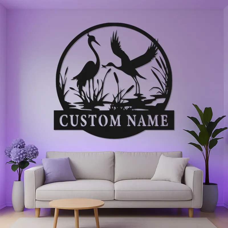 Art mural en métal LED personnalisé de grue | Panneau de nature personnalisé | Décor de maison au bord du lac | Cadeau faune