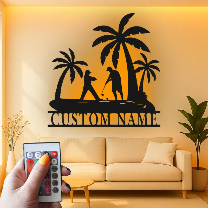 Custom Golf LED Sign | Personalized Metal Wall Art for Man Cave | Tropical Golfer Gift for Dad | Home Bar Decor