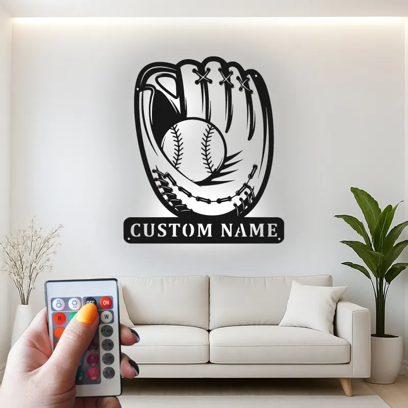 Custom Baseball Glove Led Light Metal Wall Art Personalized Sports Gift for Baseball Fans Game Room Decor