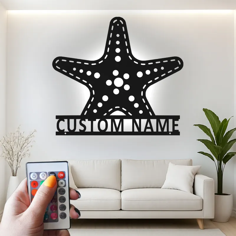 Letrero LED personalizado con estrella de mar | Arte mural de vida marina en metal | Regalo de decoración costera para casa de playa