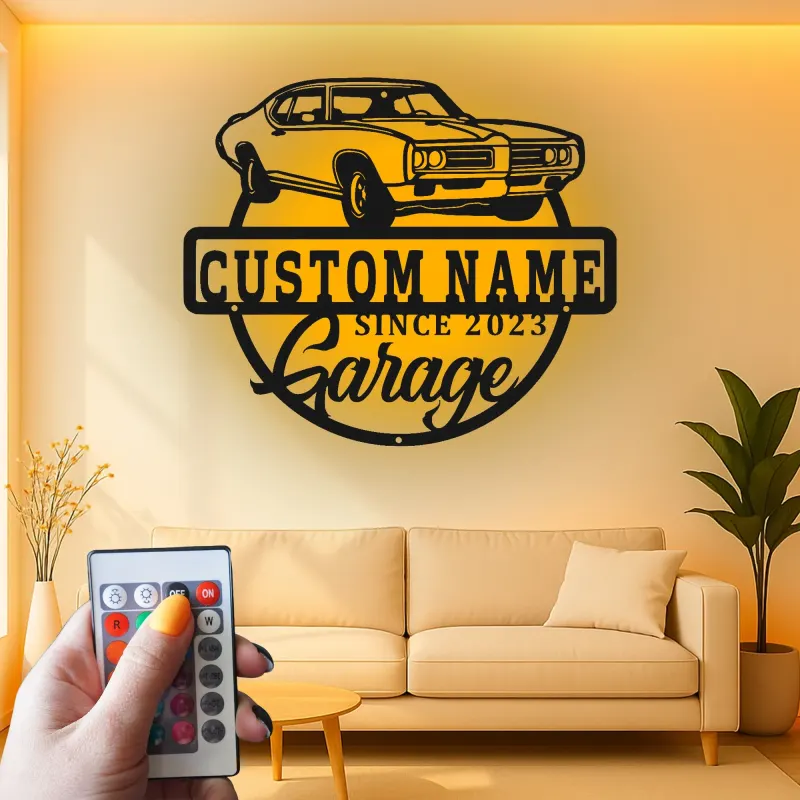 Insegna in metallo personalizzata con luce LED per garage di auto classiche - Regalo per appassionati di auto, decorazione per man cave o garage