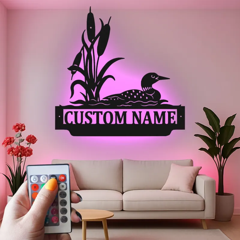 Panneau en métal Loon personnalisé | Décor de maison de lac rétroéclairé LED | Plaque de cabine personnalisée | Art mural sauvage rustique