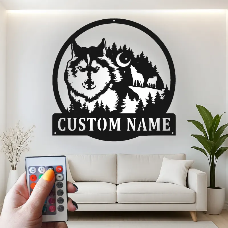 Custom Wolf Forest Scene Led Light Metal Wall Art Personalized Nature Lover Gift Rustic Cabin Decor
