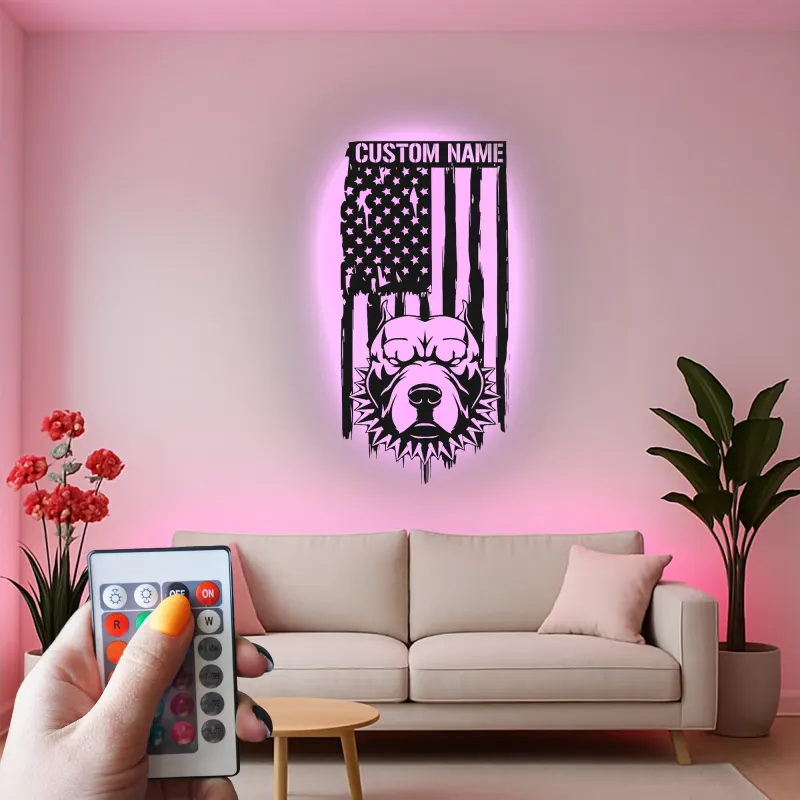 Custom American Bully LED Metal Sign | Patriotic USA Flag Wall Art | Personalized Dog Lover Gift | Illuminated Man Cave Decor