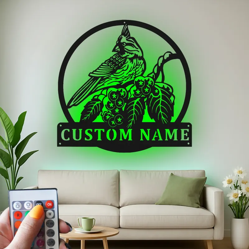 Personalisierte LED-Metall-Wandkunst mit Kardinalvogel – Geschenk für Vogelliebhaber, Garten- oder Terrassendeko