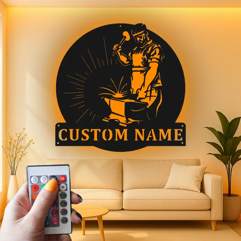 Décoration murale en métal personnalisée pour forgeron avec rétroéclairage LED - Cadeau pour artisans