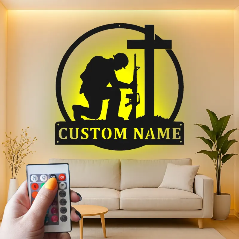 Kneeling Soldier Memorial Sign | Personalized LED Metal Wall Art | Custom Military Tribute Gift for Veterans