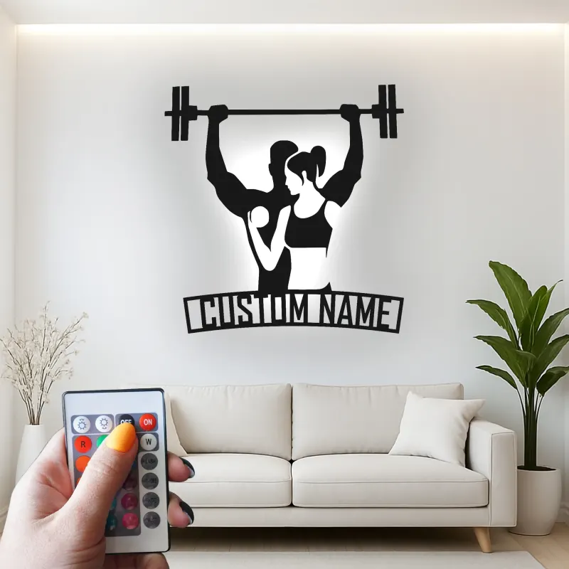 Panneau en métal personnalisé pour couple sportif | Décor LED personnalisé pour salle de sport à la maison | Décoration murale fitness, cadeau pour couple