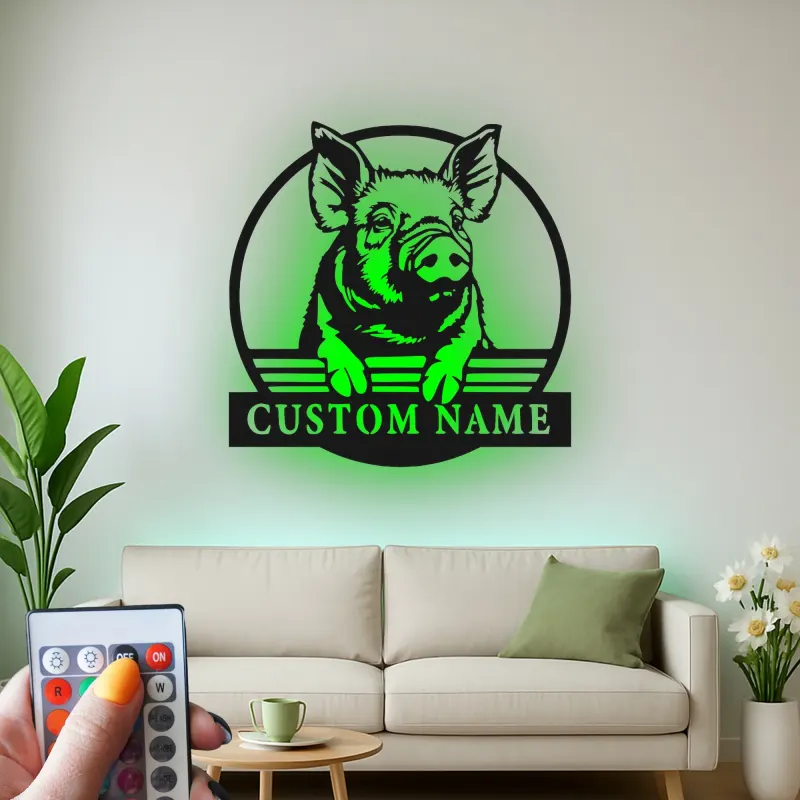 Cartel LED de cerdo personalizado | Arte mural de animal de granja personalizado | Decoración de granero y cocina retroiluminada | Regalo para agricultor