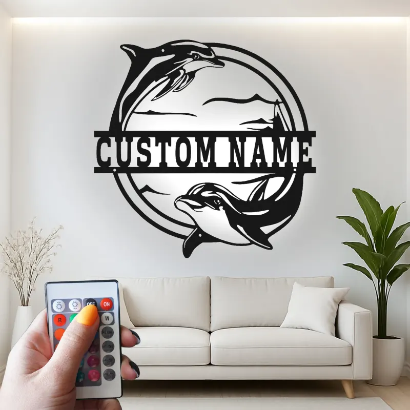 Cartel de metal personalizado con delfín y luz LED, regalo para amantes del océano, decoración para dormitorio o salón