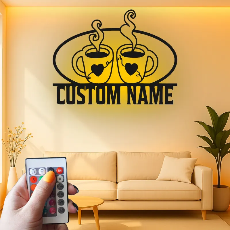Cartel de metal personalizado con luz LED para pareja de tazas de café, regalo personalizado para cocina o decoración de café